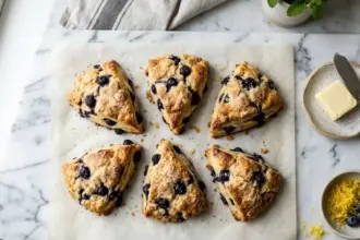 blueberry scones golden flaky pastry marble countertop