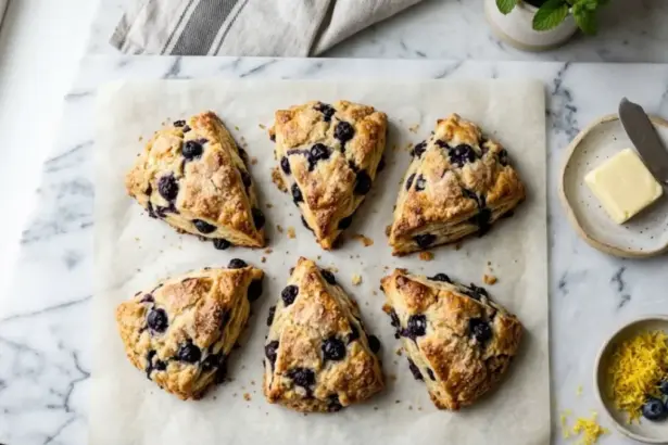 blueberry scones golden flaky pastry marble countertop