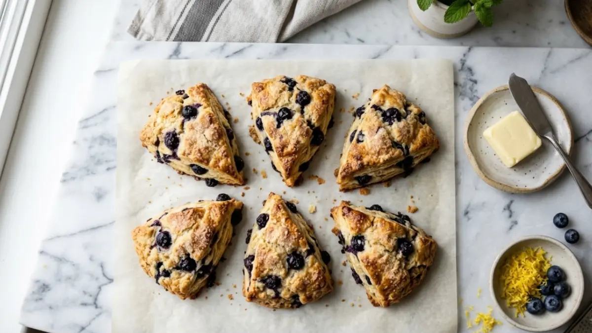 blueberry scones golden flaky pastry marble countertop