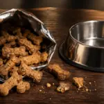 bone shaped dog treats placed next to a metal bowl on a table