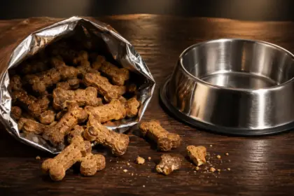 bone shaped dog treats placed next to a metal bowl on a table