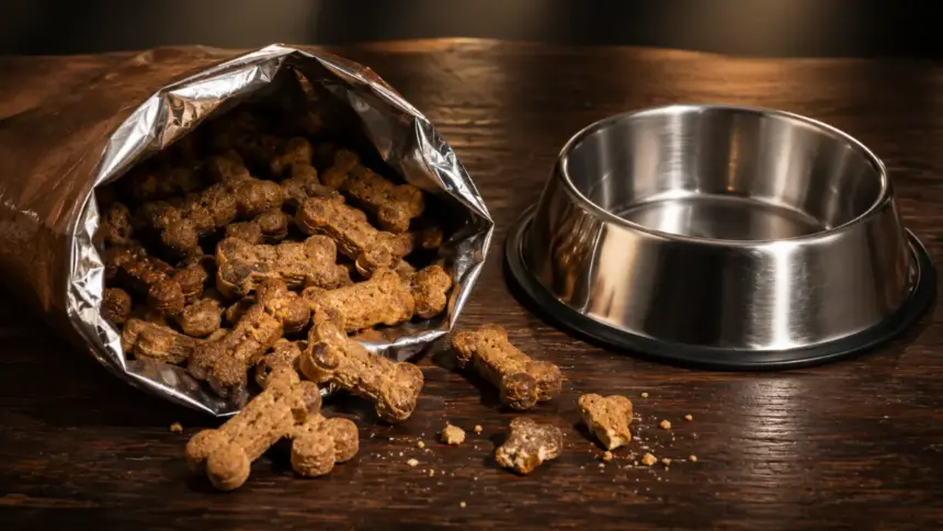 bone shaped dog treats placed next to a metal bowl on a table