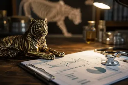 bronze tiger statue and medical charts prepared for wildlife rehabilitation at oakland zoo