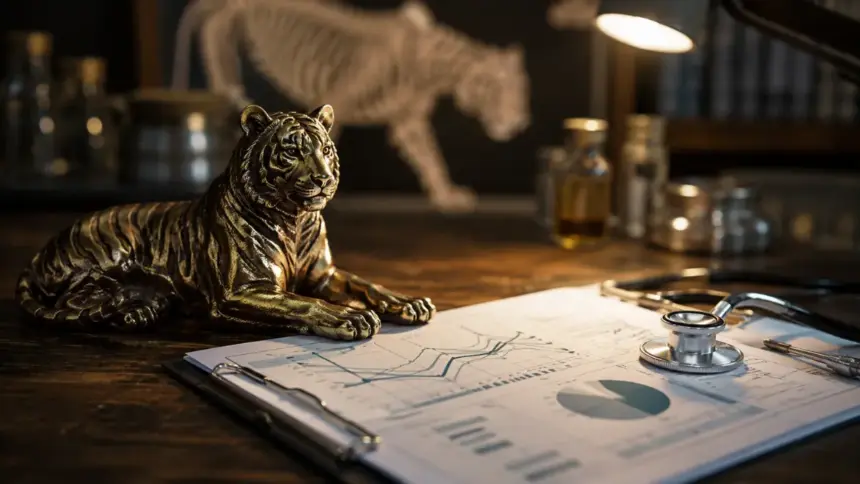 bronze tiger statue and medical charts prepared for wildlife rehabilitation at oakland zoo