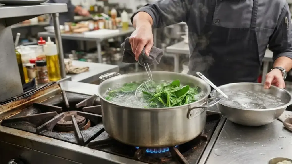 Chef blanching spinach in boiling water to make safe healthy snacks