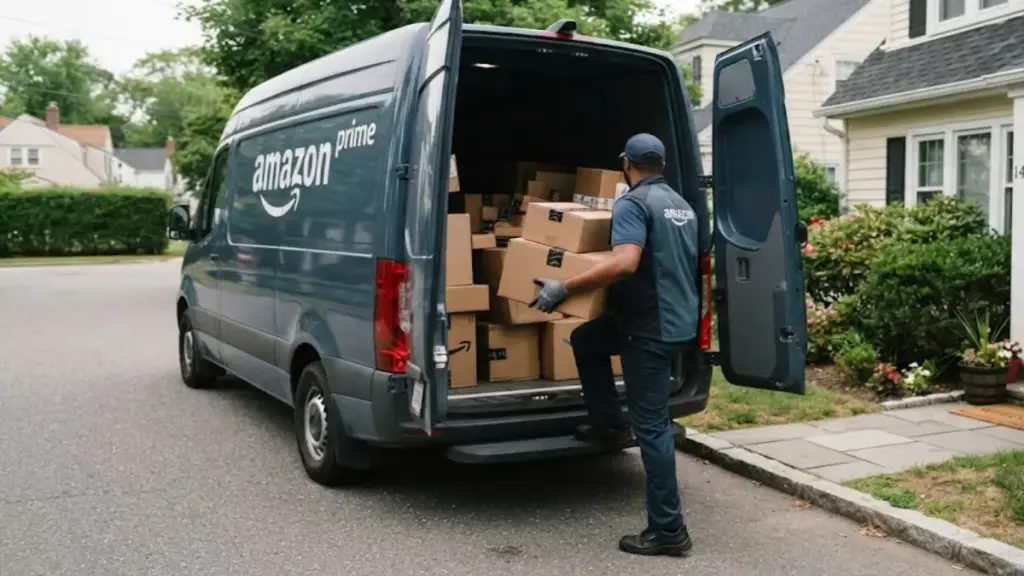 delivery-truck-driver-unloading-packages-on-a-suburban-driveway