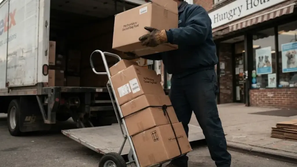 delivery-truck-offloading-boxes-of-pet-food-outside-a-store