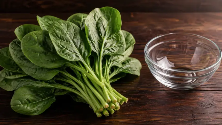 fresh green leafy vegetable placed next to a glass bowl on a table