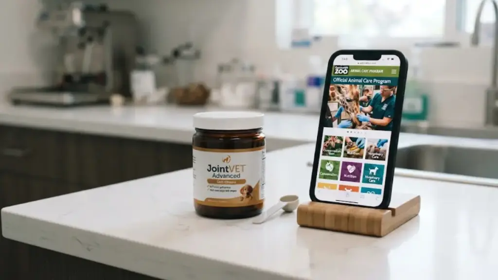 joint-supplements-arranged-with-smartphone-displaying-oakland-zoo-animal-care-manual