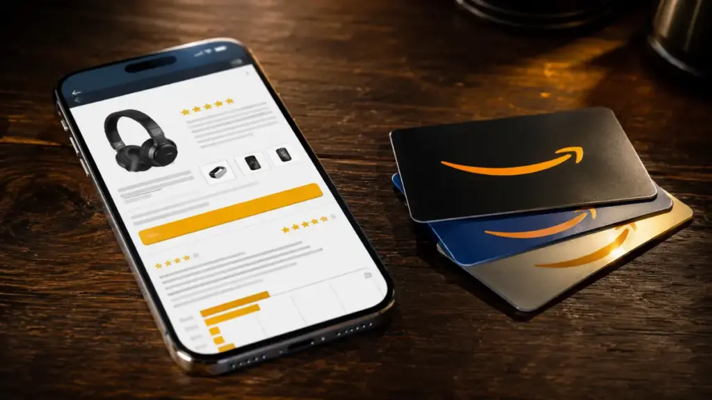 modern smartphone displaying product reviews on a table
