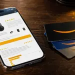 modern smartphone displaying product reviews on a table