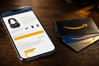 modern smartphone displaying product reviews on a table