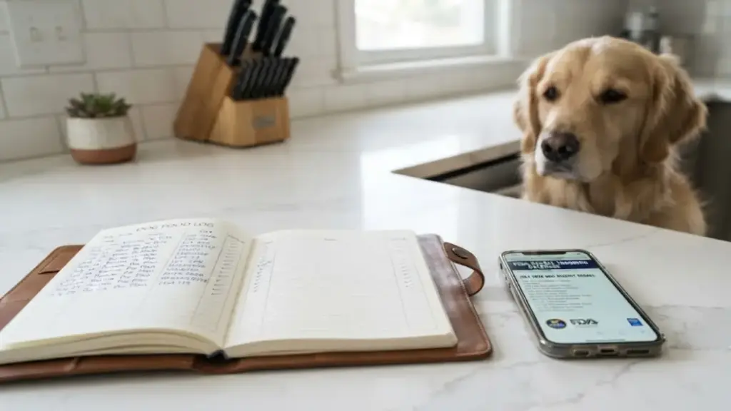 open-accounting-ledger-next-to-a-smartphone-showing-dog-biscuit-recall-pages