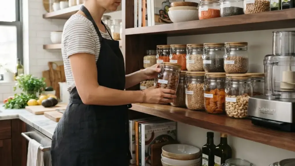 organizing-glass-jars-on-a-wooden-pantry-shelf