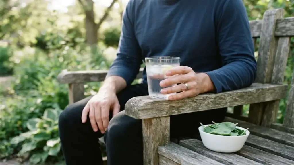 person-sitting-quietly-on-a-bench-holding-a-glass-of-fresh-water