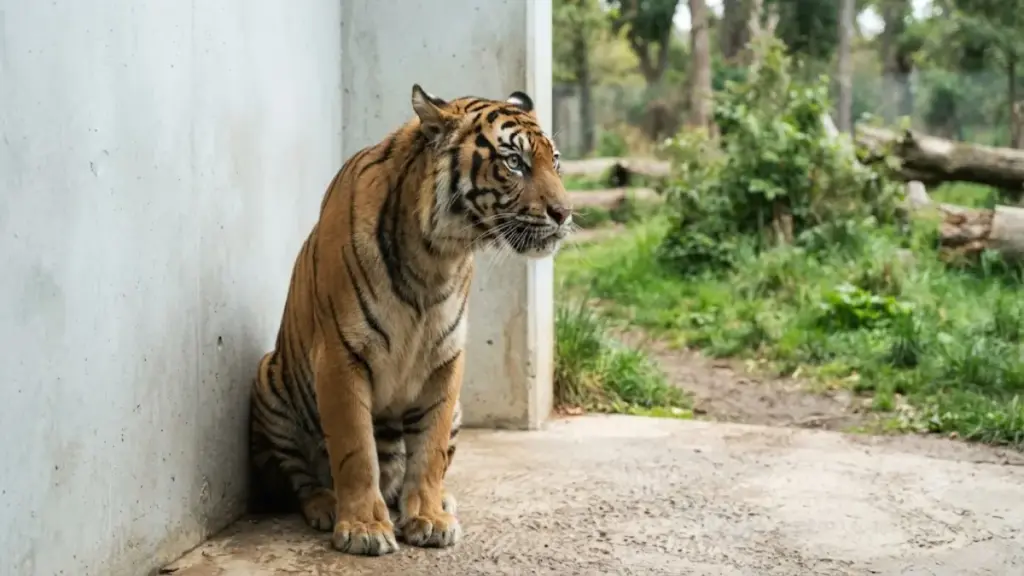 rescued-tiger-hesitating-to-step-on-grass-at-oakland-zoo
