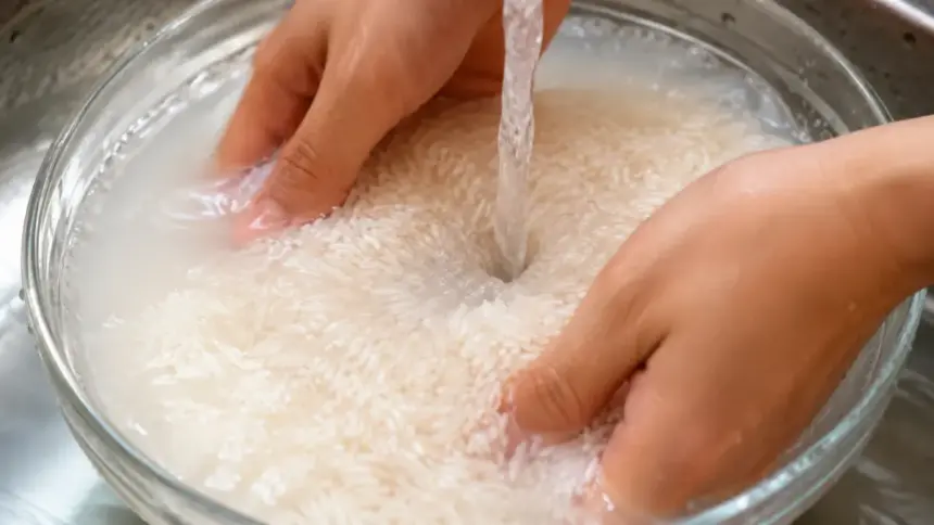 wash rice jasmine grains in water bowl