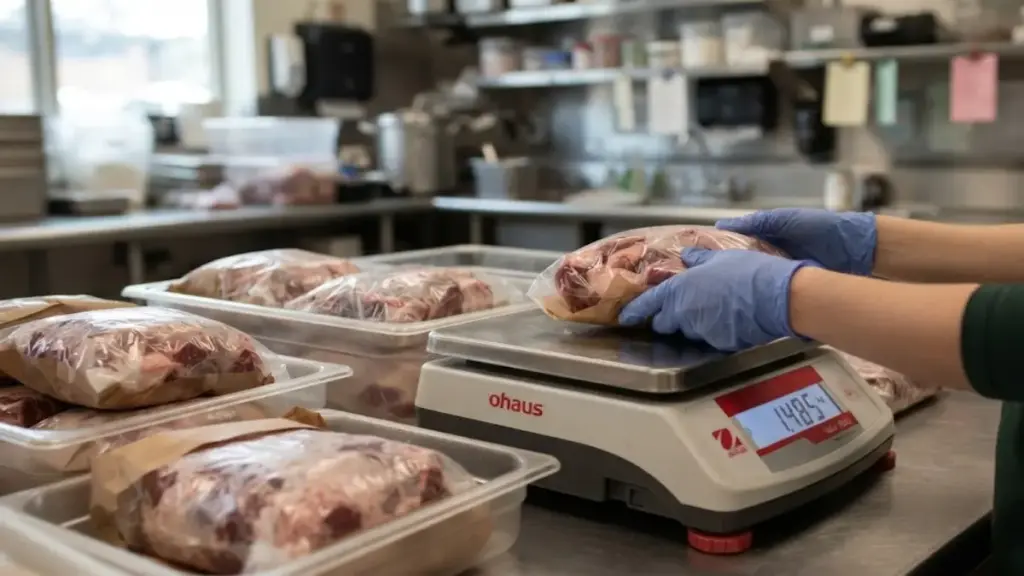 weighing-pre-portioned-raw-meat-packages-on-a-digital-scale-for-oakland-zoo