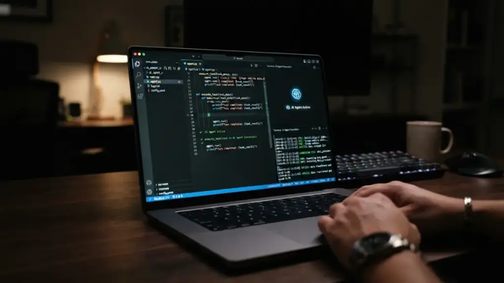 Autonomous Microsoft Copilot AI agent executing background code and workflow tasks on a laptop screen