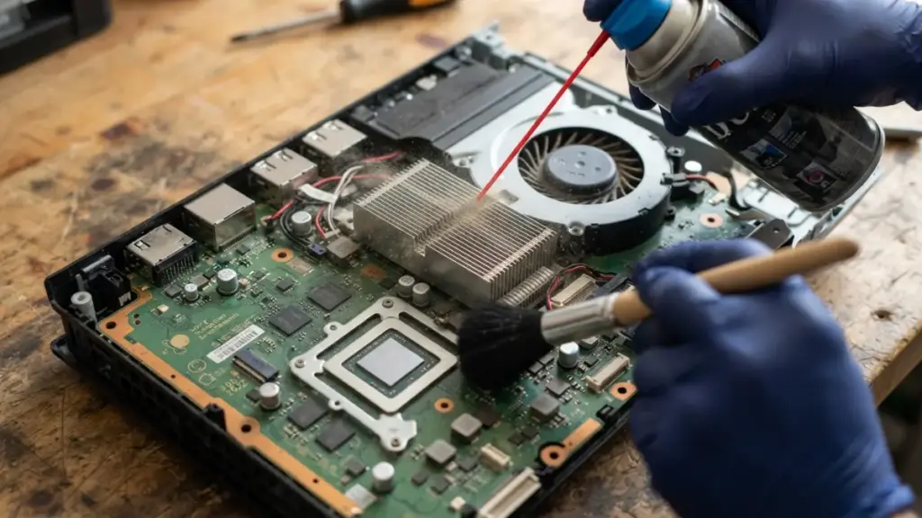 Cleaning dusty hardware in GameStop pre-owned PS5 Pro review