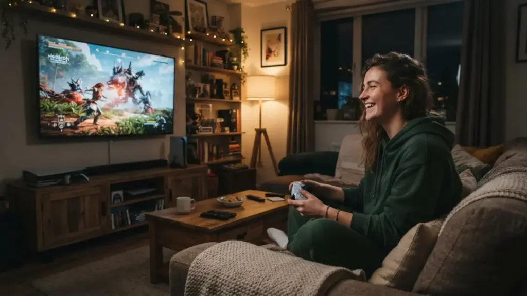 Gamer in living room evaluating if is PS5 Pro worth it in 2026