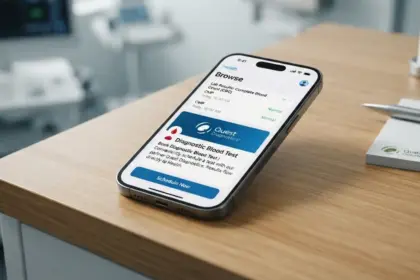 iPhone displaying Apple Health app with integrated blood test booking interface