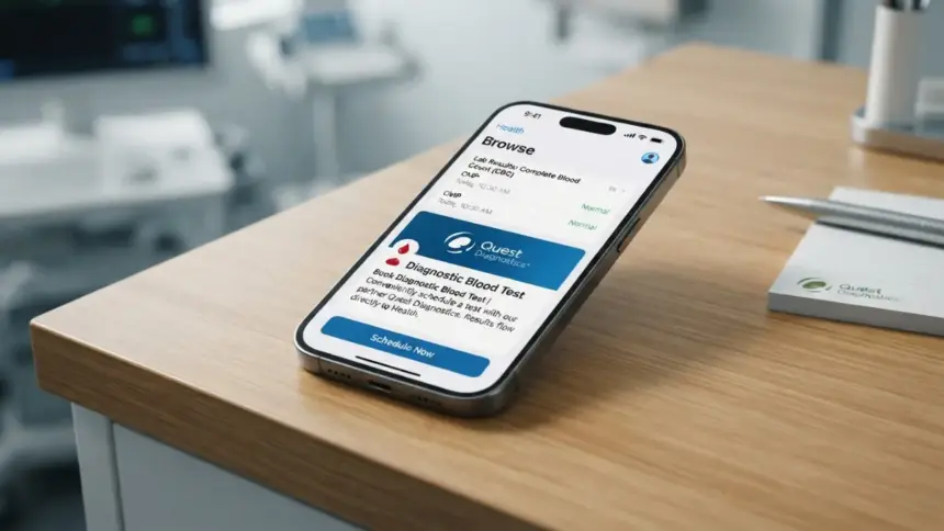 iPhone displaying Apple Health app with integrated blood test booking interface