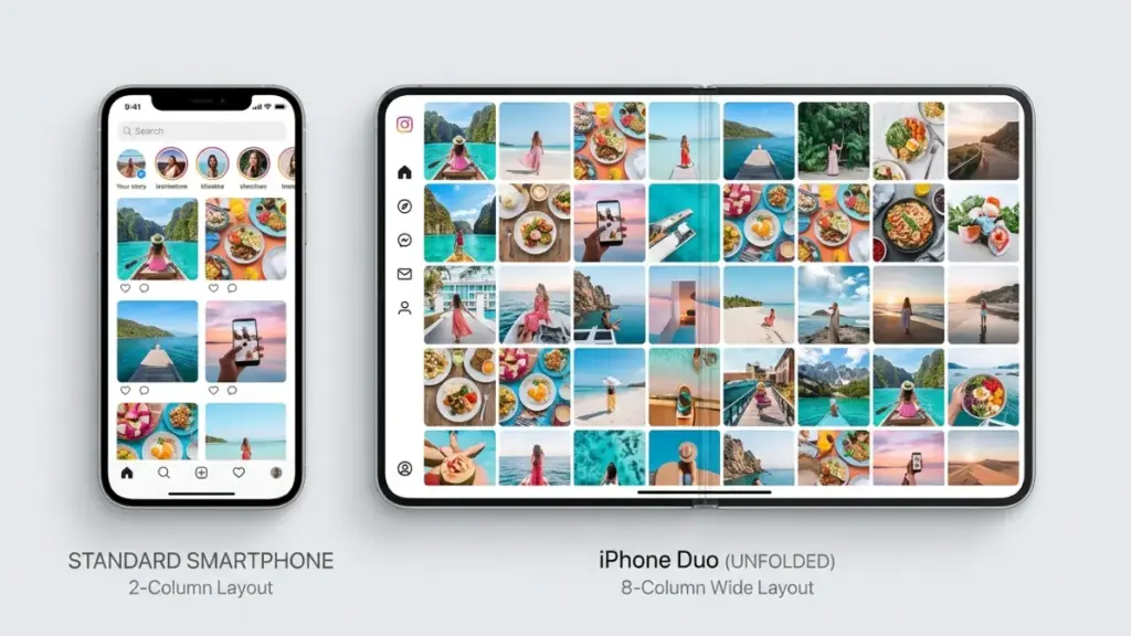 A side by side UI comparison showing a social media app moving from a standard 2 column smartphone layout to an expansive 8 column grid on the iPhone Duo