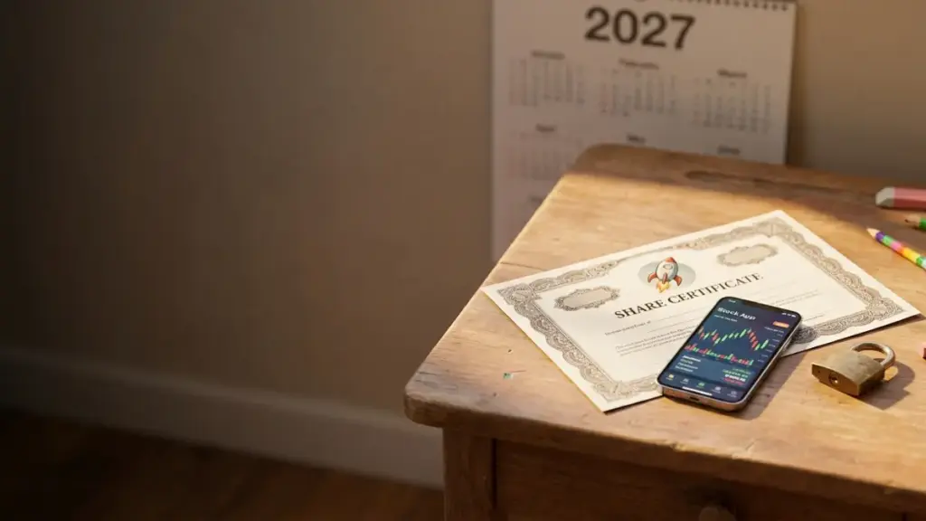 A single SpaceX share certificate concept on a childs desk next to a padlock and a 2027 calendar