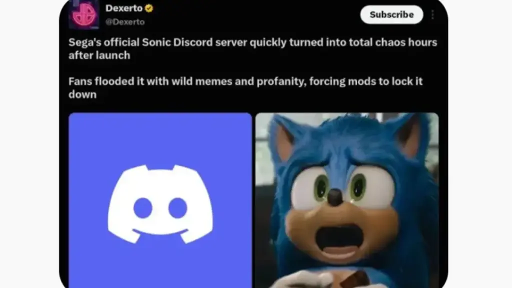A social media post discussing the viral failure of the Official Sonic Discord Server launch