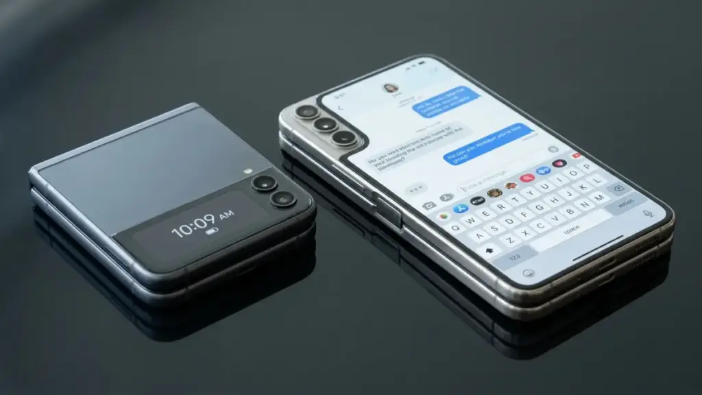A studio comparison photo of two foldable phones one with a tiny outer screen and the iPhone Duo showing a full messaging keyboard on its wide cover display