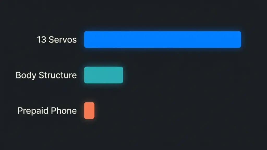 Bar chart of PhoneBots costs showing 13 servo motors at 310.70 far more than the phone