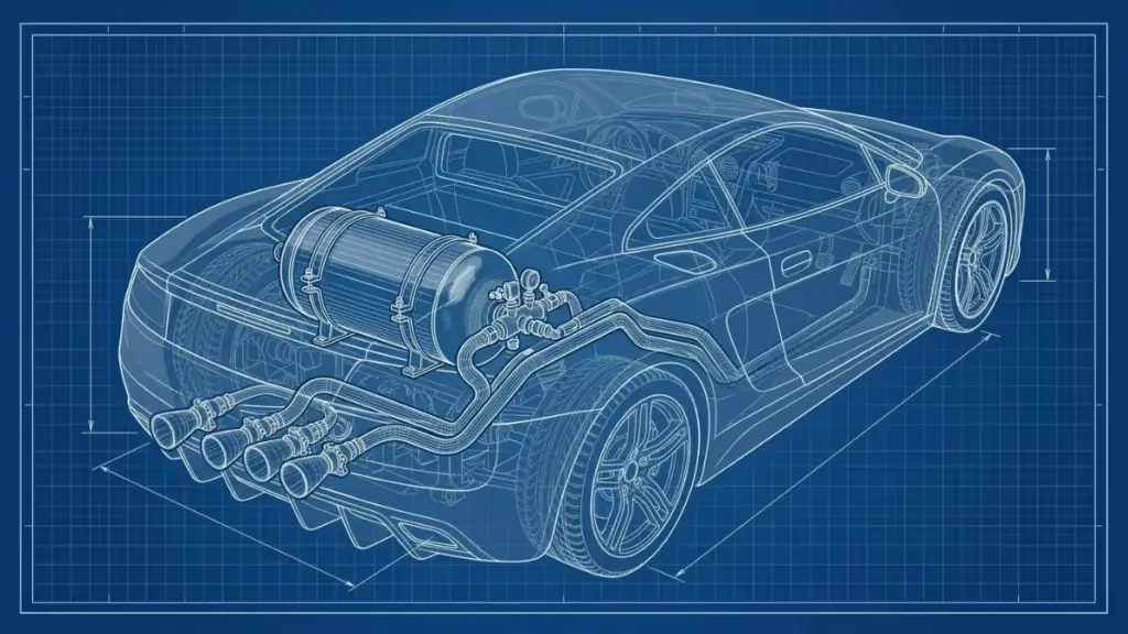 Cutaway of Tesla Roadster thrusters hardware pressure tank in the trunk feeding four rear nozzles