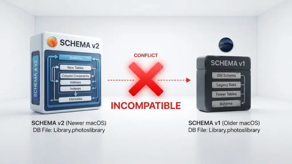 Database schema version conflict Downgrading macOS