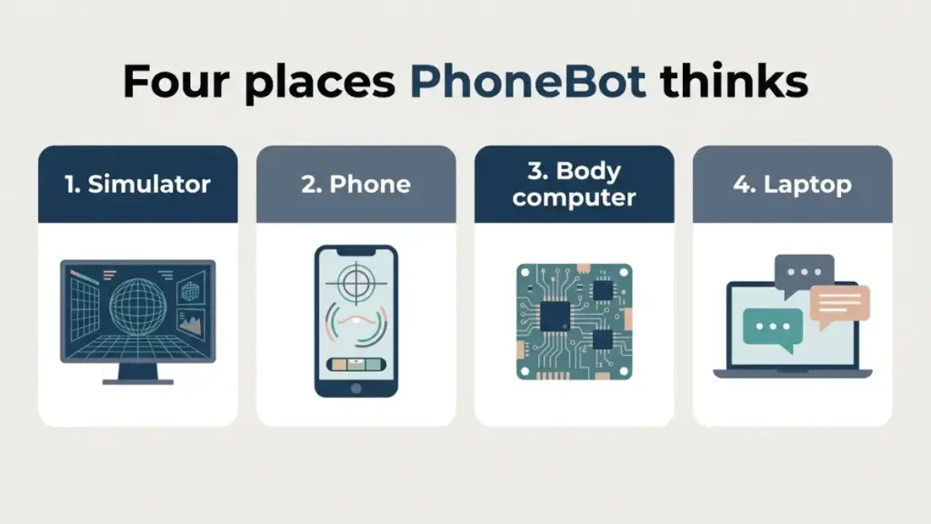 Diagram of the four places PhoneBots thinking happens a simulator the phone a computer in the body and a laptop