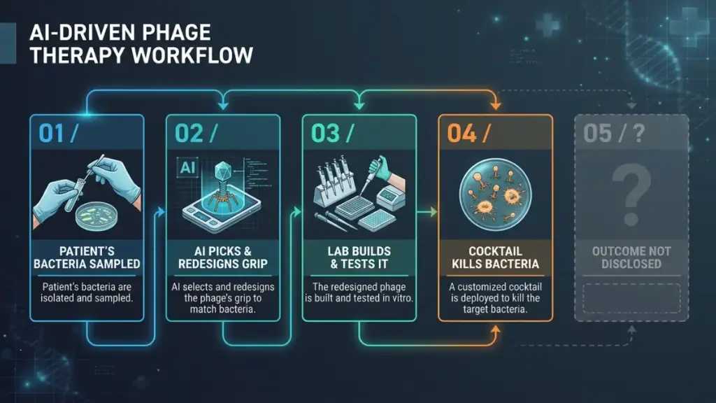 Four step diagram of how an AI designed virus went from a bacterial sample to a patient with the outcome unknown