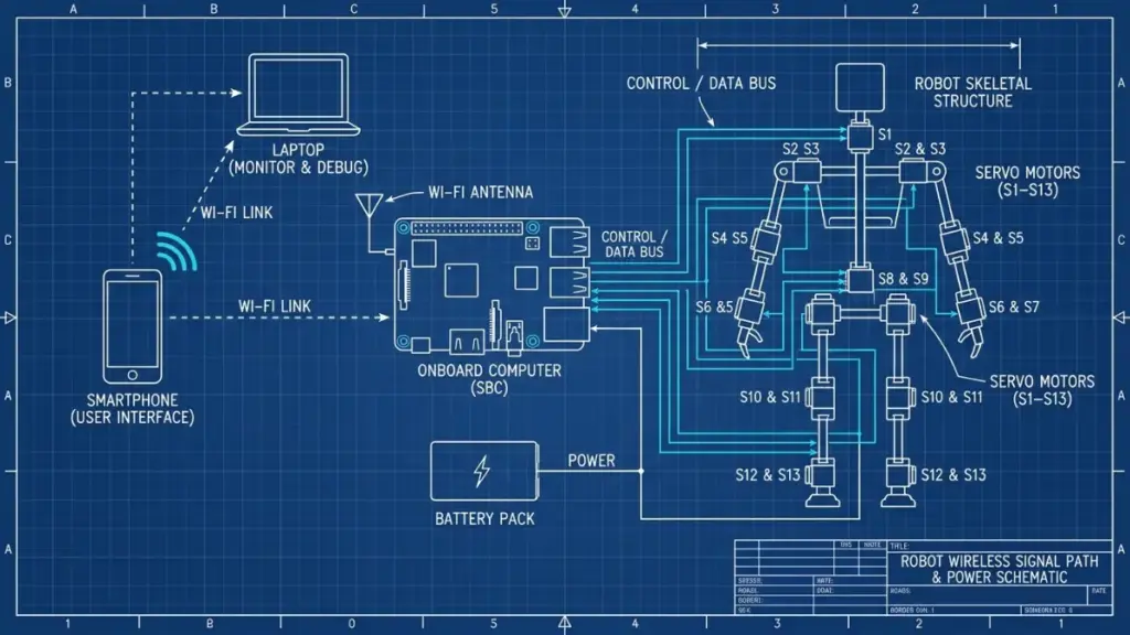 How PhoneBots phone sends joint targets over Wi Fi to a small computer that drives 13 servo motors