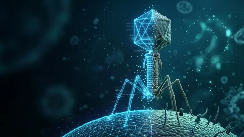 Illustration of an AI designed virus a bacteriophage shown half as a wireframe model approaching a bacterium