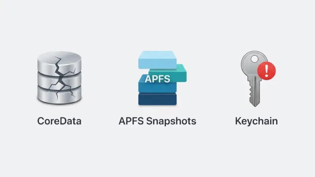 Infographic showing CoreData APFS Snapshots Keychain Downgrading macOS