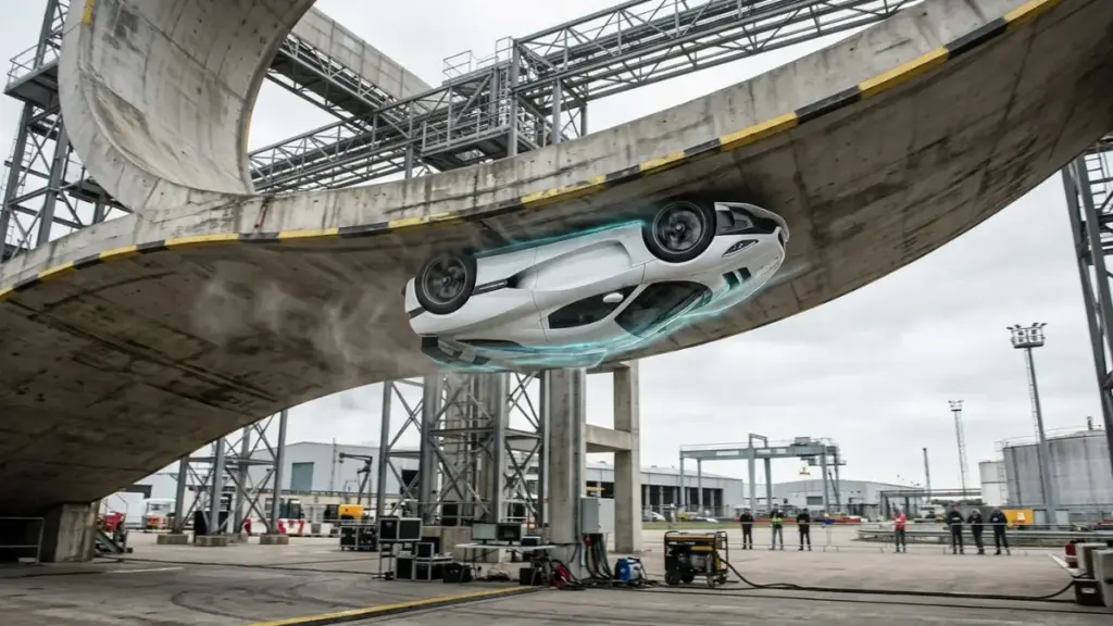 Tesla Roadster thrusters demo car driving upside down on a curved ramp using suction downforce