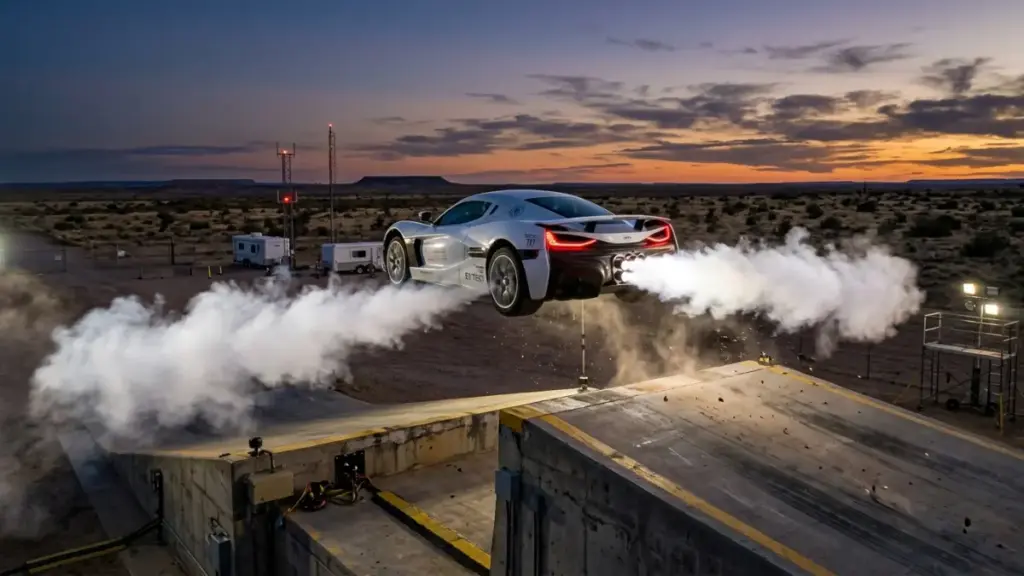 Tesla Roadster thrusters firing as a white electric sports car leaps off a test ramp at dusk