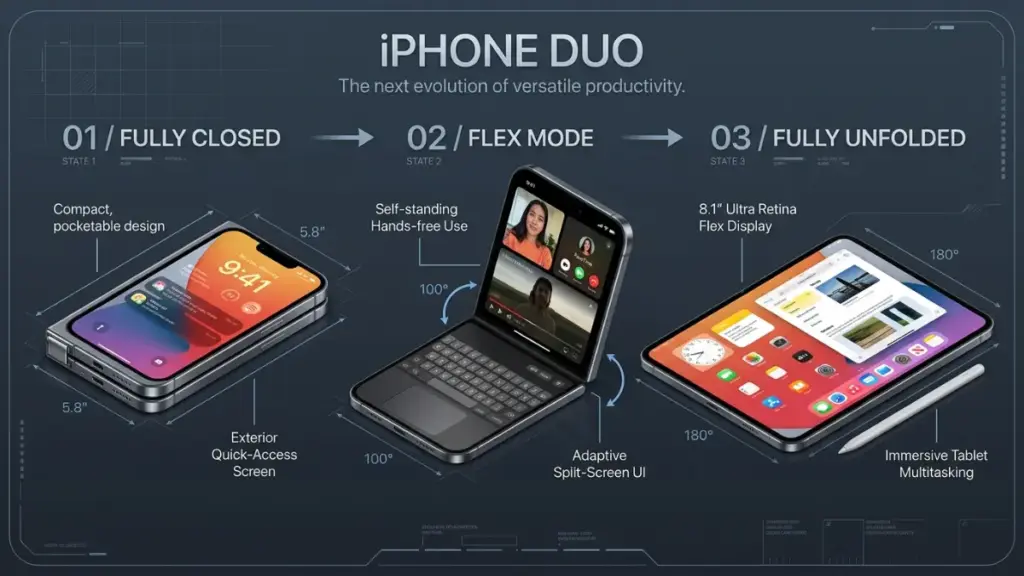 iPhone Duo A detailed infographic illustration showing the iPhone Duo in its fully closed partially folded flex mode and fully unfolded mini tablet states