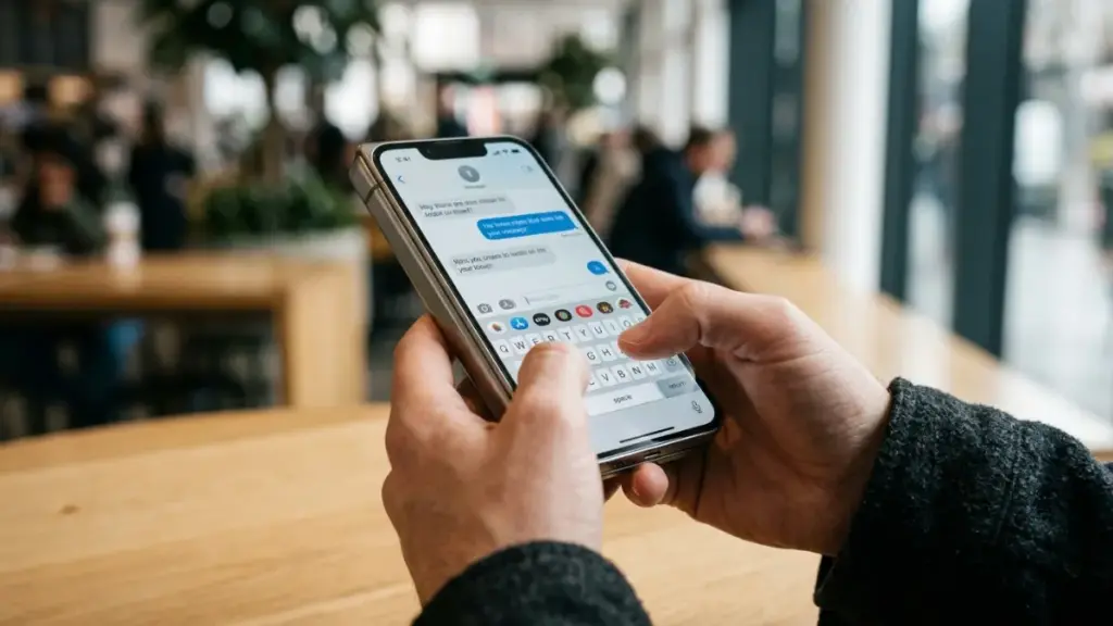 iPhone Duo A photorealistic shot of hands typing a quick reply on the wide outer cover screen of a folded iPhone Duo using a full sized digital keyboard