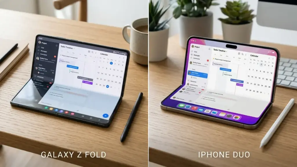 iPhone Duo A studio comparison photo of two foldable phones